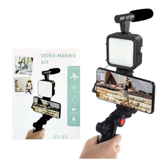 AY-49 Video-Making Kit for Live Broadcast – Mobile Vlogging Kit with Mic, LED Light & Tripod